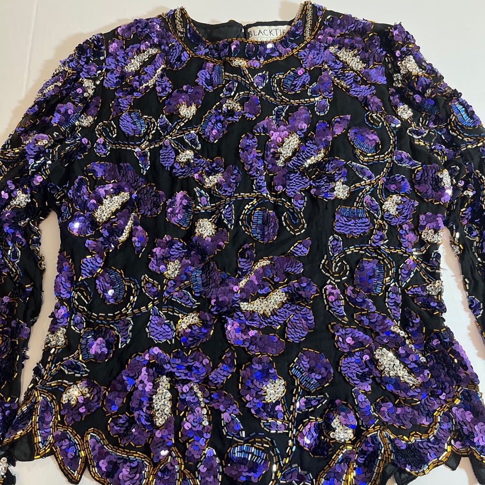 Vintage 80's Black Tie Oleg Cassini Women Medium Purple Silver Sequin Blouse